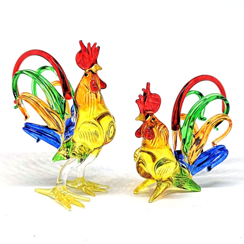 ZOOCRAFT Chicken Figurines Collectibles Hand Blown Glass Rooster Set of 2 - Image 1